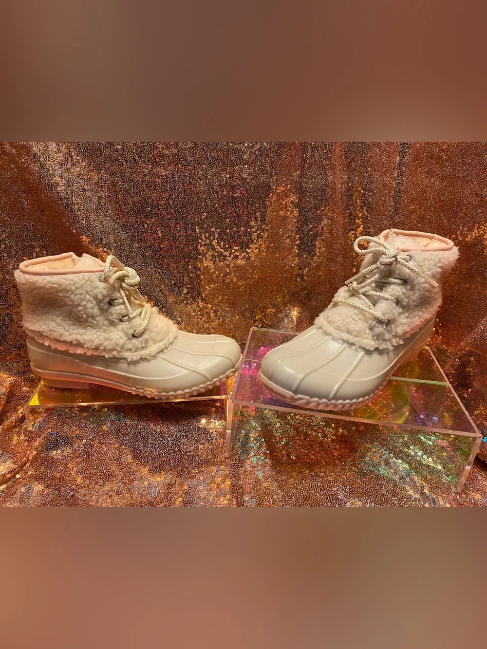 Magellan Outdoors Girls 4D Cream Sherpa Duck Boots | Pink Trim Winter Boots